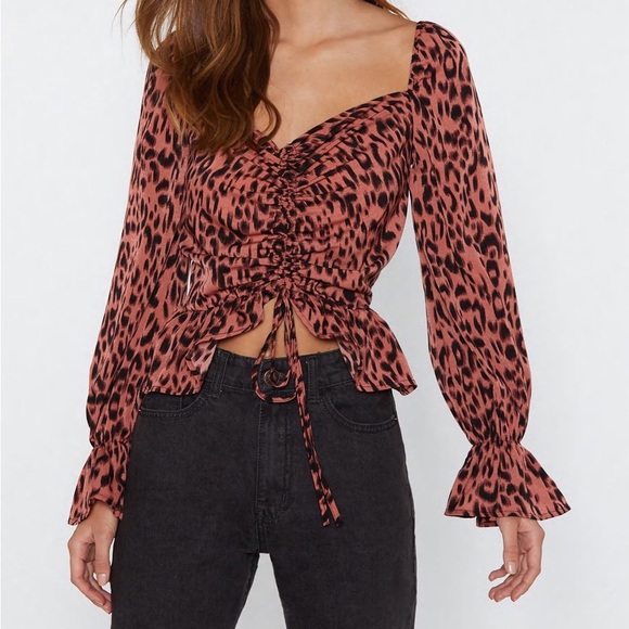 Nasty Gal Terracotta Ruched Leopard Blouse - Picture 2 of 4